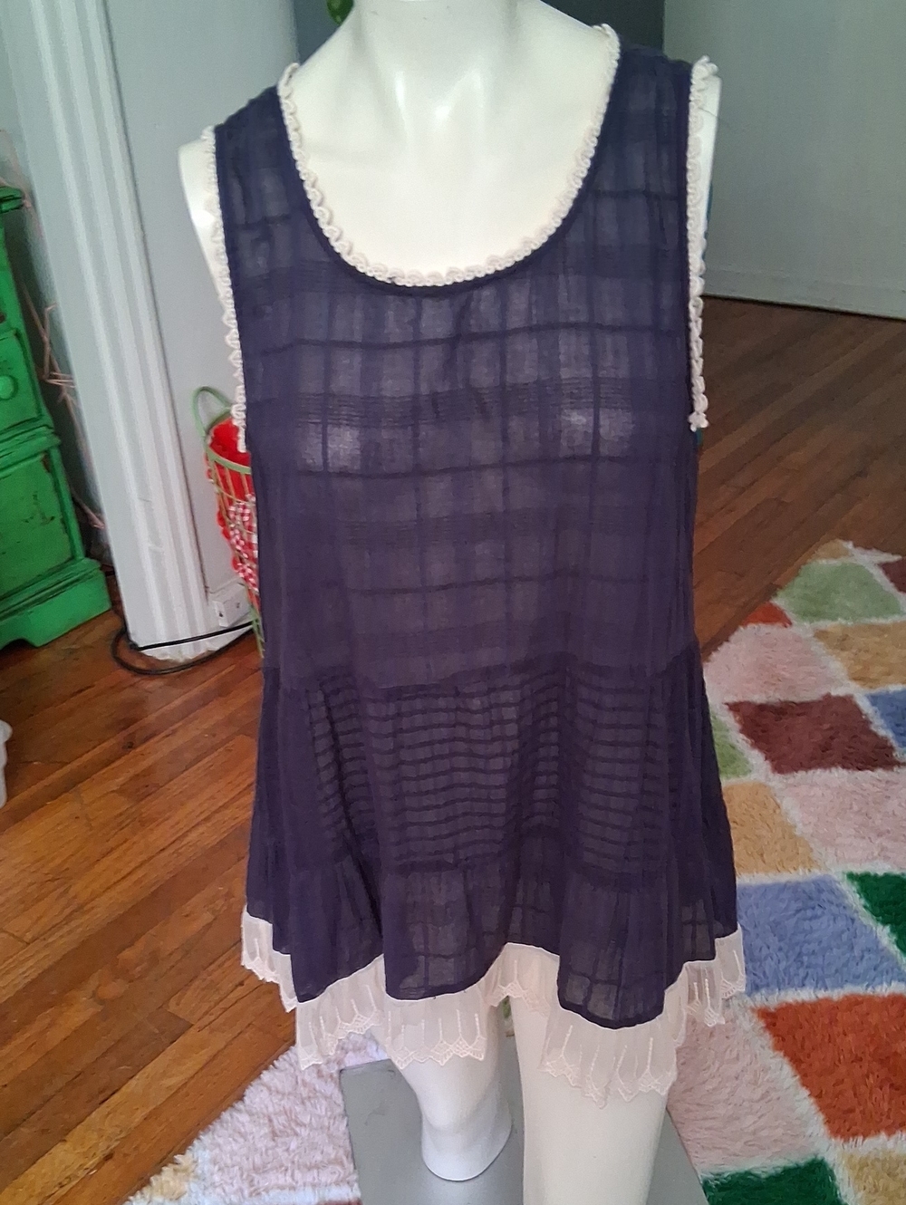 Umgee Navy Blue Sheer Layered Tank with Cream Lace Trim